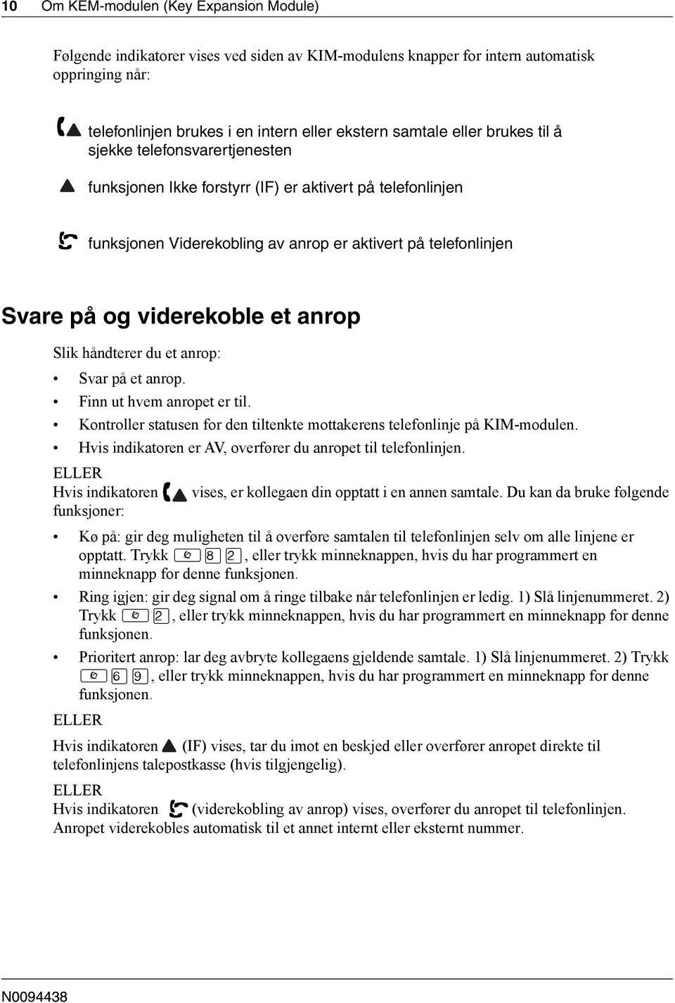 anrop Slik håndterer du et anrop: Svar på et anrop. Finn ut hvem anropet er til. Kontroller statusen for den tiltenkte mottakerens telefonlinje på KIM-modulen.