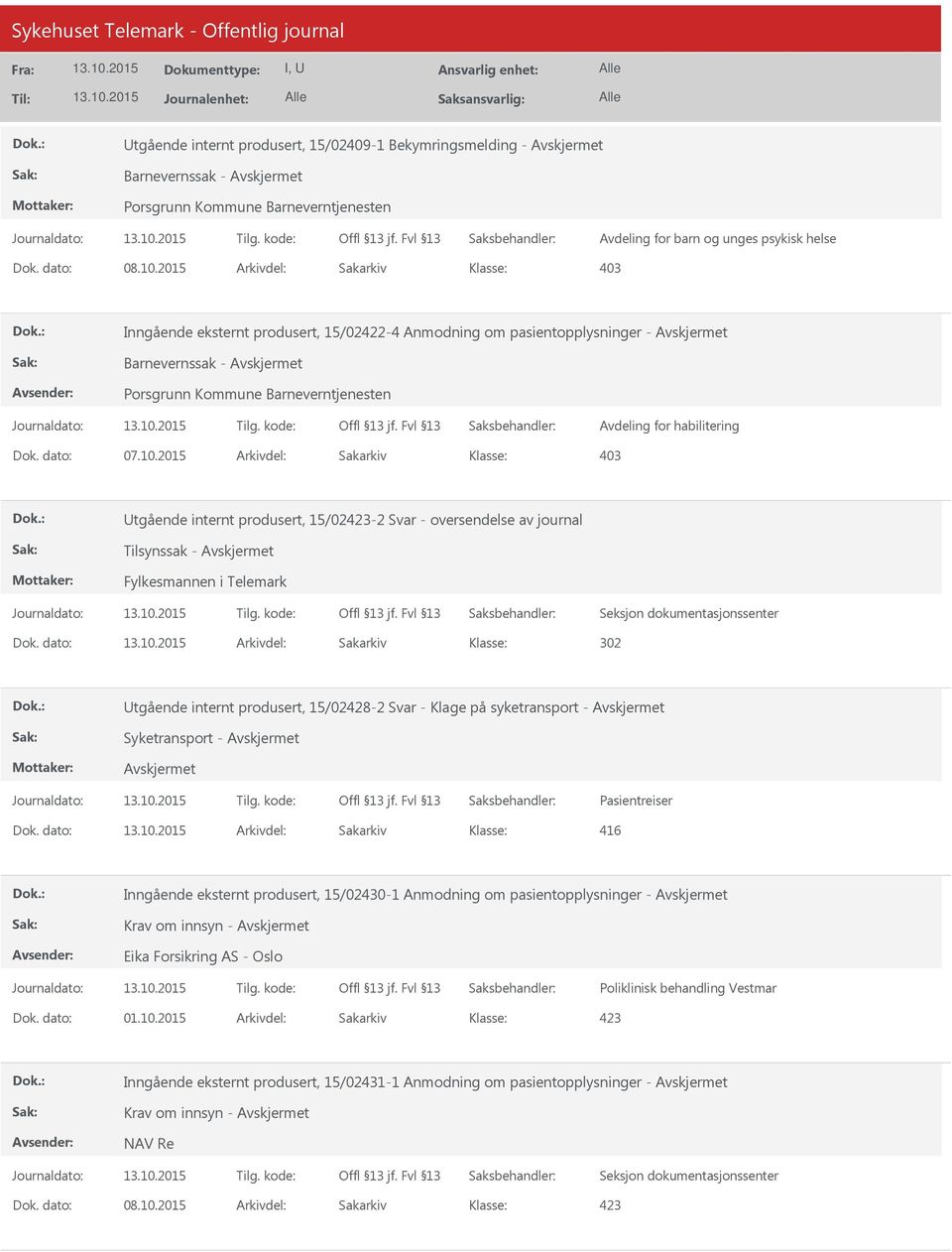 2015 Arkivdel: Sakarkiv Utgående internt produsert, 15/02-2 Svar - oversendelse av journal Tilsynssak - Fylkesmannen i Telemark Dok.