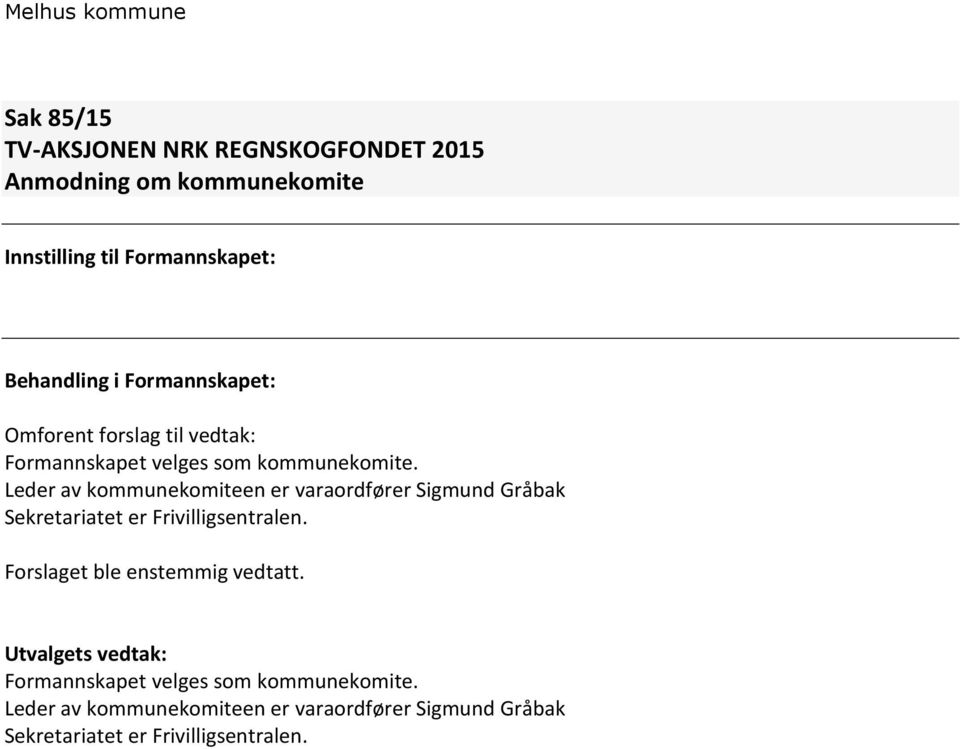 Leder av kommunekomiteen er varaordfører Sigmund Gråbak Sekretariatet er Frivilligsentralen.