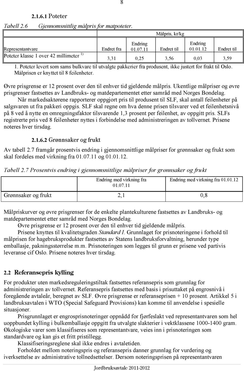 Poteter levert som sams bulkvare til utvalgte pakkerier fra produsent, ikke justert for frakt til Oslo. Målprisen er knyttet til 8 feilenheter.