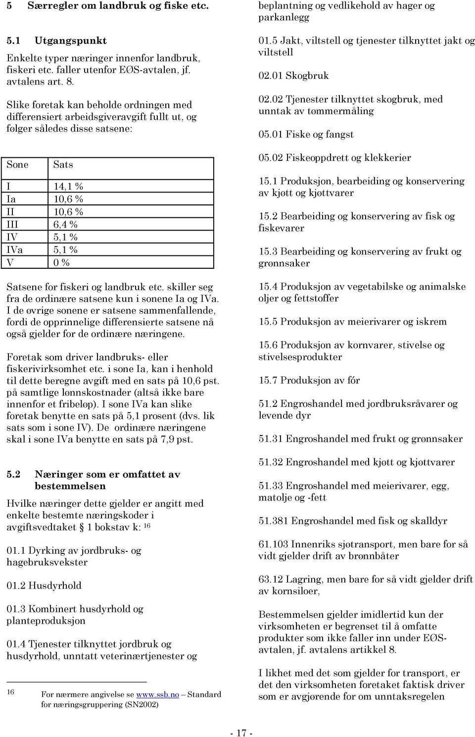 for fiskeri og landbruk etc. skiller seg fra de ordinære satsene kun i sonene Ia og IVa.