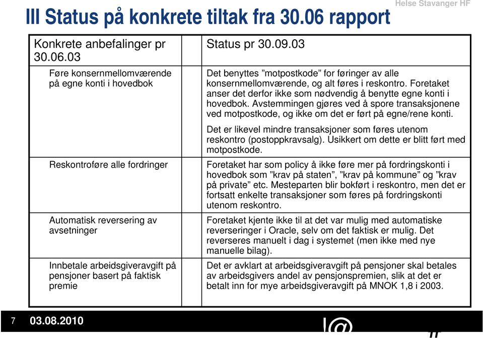 03 Føre konsernmellomværende på egne konti i hovedbok Reskontroføre alle fordringer Automatisk reversering av avsetninger Innbetale arbeidsgiveravgift på pensjoner basert på faktisk premie Status pr