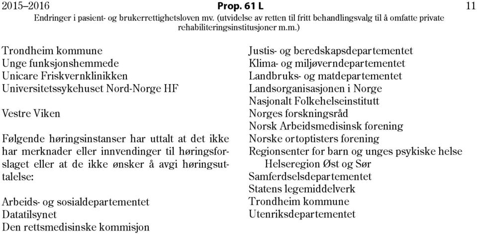 eller innvendinger til høringsforslaget eller at de ikke ønsker å avgi høringsuttalelse: Arbeids- og sosialdepartementet Datatilsynet Den rettsmedisinske kommisjon Justis- og