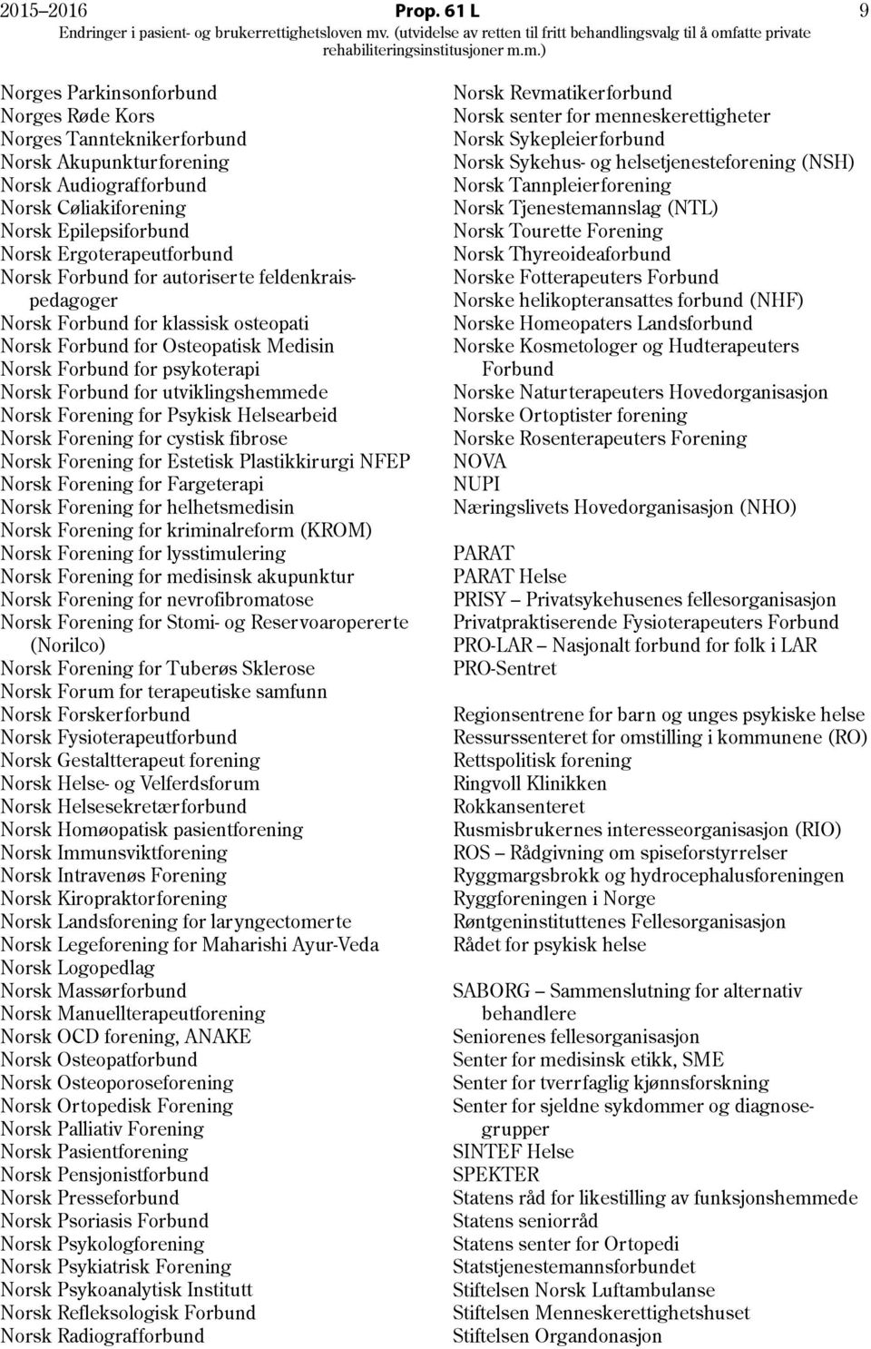 Forbund for autoriserte feldenkraispedagoger Norsk Forbund for klassisk osteopati Norsk Forbund for Osteopatisk Medisin Norsk Forbund for psykoterapi Norsk Forbund for utviklingshemmede Norsk