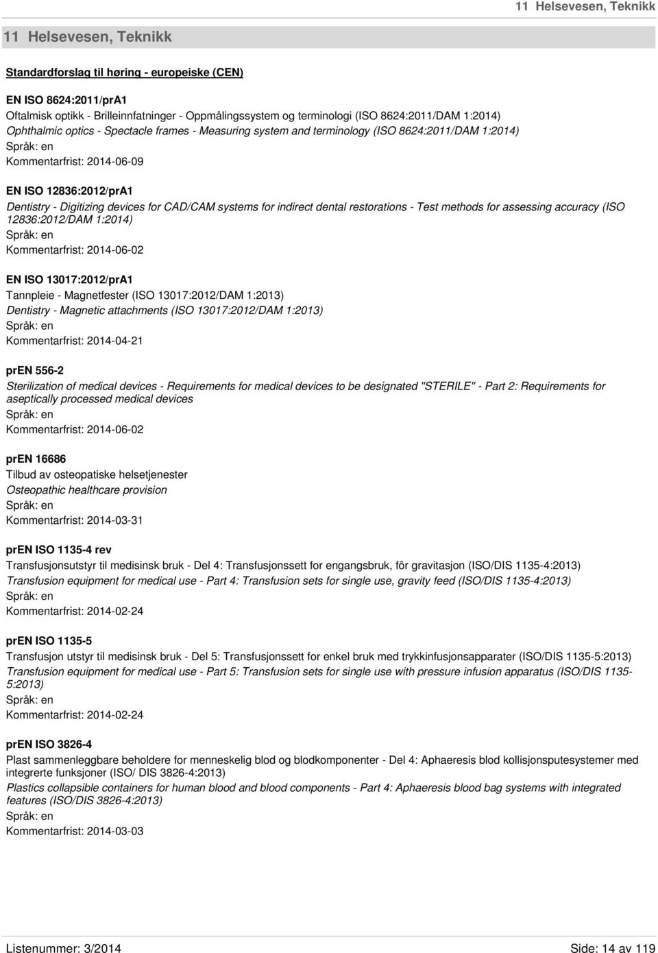 devices for CAD/CAM systems for indirect dental restorations - Test methods for assessing accuracy (ISO 12836:2012/DAM 1:2014) Kommentarfrist: 2014-06-02 EN ISO 13017:2012/prA1 Tannpleie -