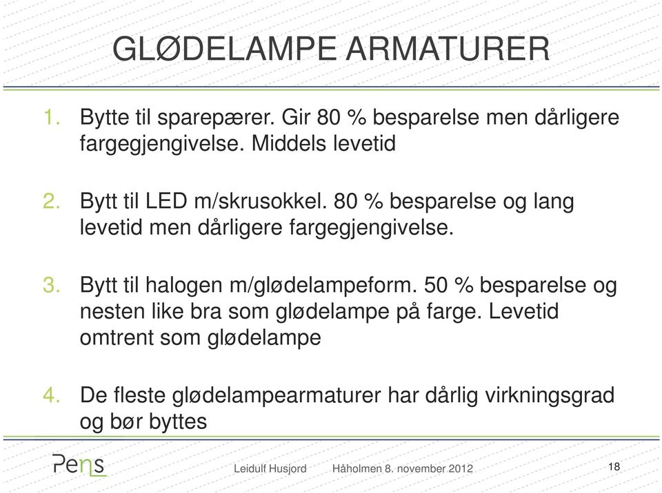 80 % besparelse og lang levetid men dårligere fargegjengivelse. 3. Bytt til halogen m/glødelampeform.