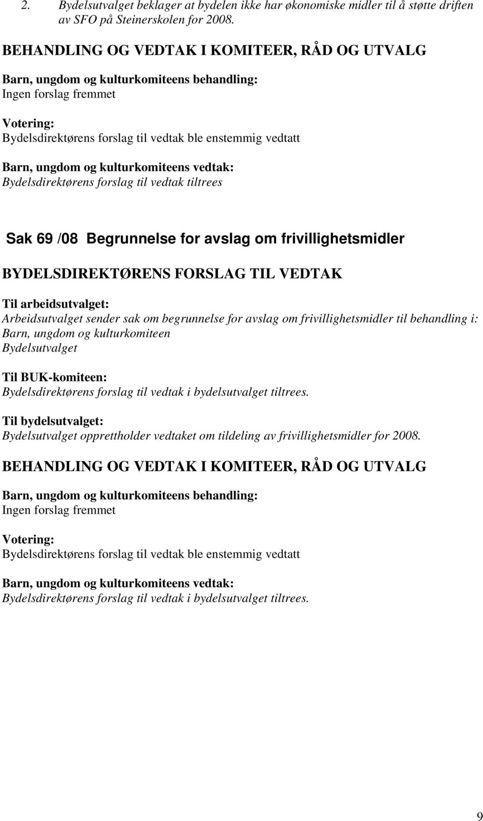 arbeidsutvalget: Arbeidsutvalget sender sak om begrunnelse for avslag om frivillighetsmidler til behandling i: Barn, ungdom og kulturkomiteen Til BUK-komiteen: Bydelsdirektørens forslag