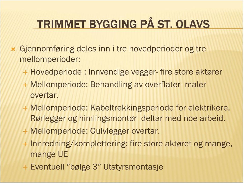 Mellomperiode: Kabeltrekkingsperiode for elektrikere. Rørlegger og himlingsmontør deltar med noe arbeid.