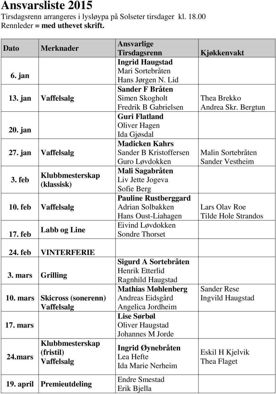 mars Klubbmesterskap (fristil) Vaffelsalg 19. april Premieutdeling Ansvarlige Tirsdagsrenn Ingrid Haugstad Mari Sortebråten Hans Jørgen N.