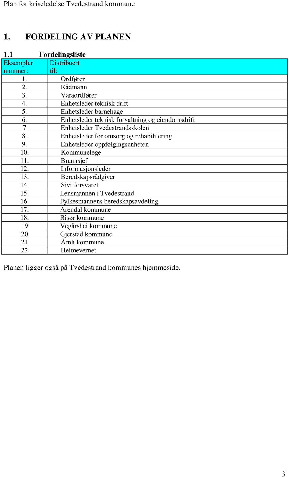 Enhetsleder oppfølgingsenheten 10. Kommunelege 11. Brannsjef 12. Informasjonsleder 13. Beredskapsrådgiver 14. Sivilforsvaret 15. Lensmannen i Tvedestrand 16.