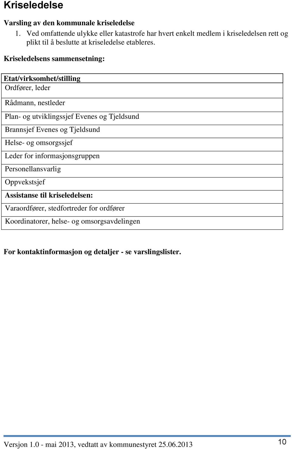 Kriseledelsens sammensetning: Etat/virksomhet/stilling Ordfører, leder Rådmann, nestleder Plan- og utviklingssjef Evenes og Tjeldsund Brannsjef Evenes og Tjeldsund