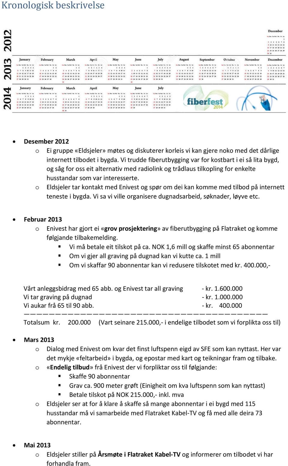 o Eldsjeler tar kontakt med Enivest og spør om dei kan komme med tilbod på internett teneste i bygda. Vi sa vi ville organisere dugnadsarbeid, søknader, løyve etc.