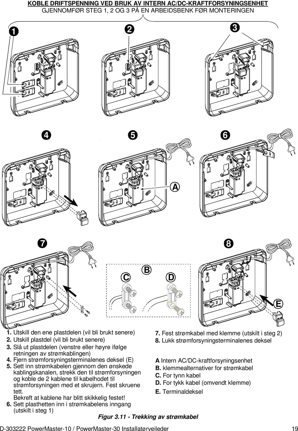 Slå ut plastdelen (venstre eller høyre ifølge retningen av strømkablingen) 4. Fjern strømforsyningsterminalenes deksel (E) A Intern AC/DC-kraftforsyningsenhet 5.