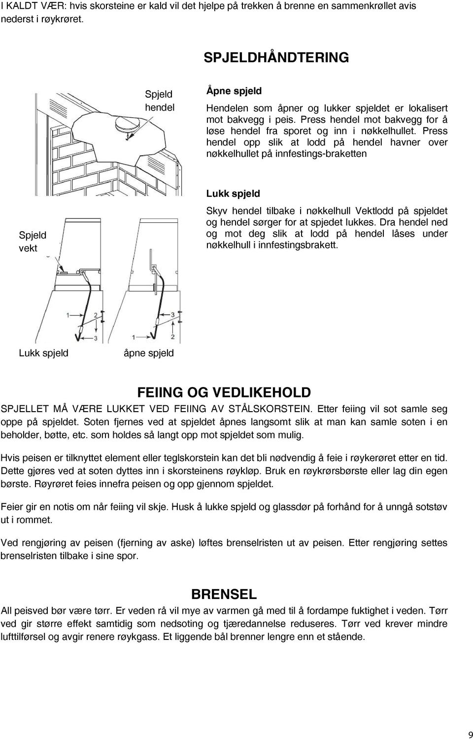 Press hendel opp slik at lodd på hendel havner over nøkkelhullet på innfestings-braketten Spjeld vekt Lukk spjeld Skyv hendel tilbake i nøkkelhull Vektlodd på spjeldet og hendel sørger for at spjedet