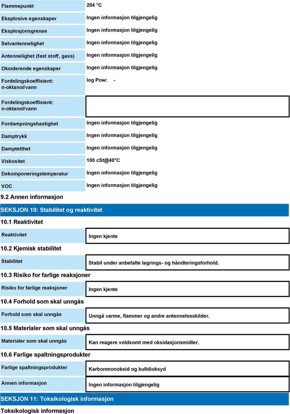 1 Reaktivitet Reaktivitet Ingen kjente 10.2 Kjemisk stabilitet Stabilitet Stabil under anbefalte lagrings- og håndteringsforhold. 10.3 Risiko for farlige reaksjoner Risiko for farlige reaksjoner Ingen kjente 10.