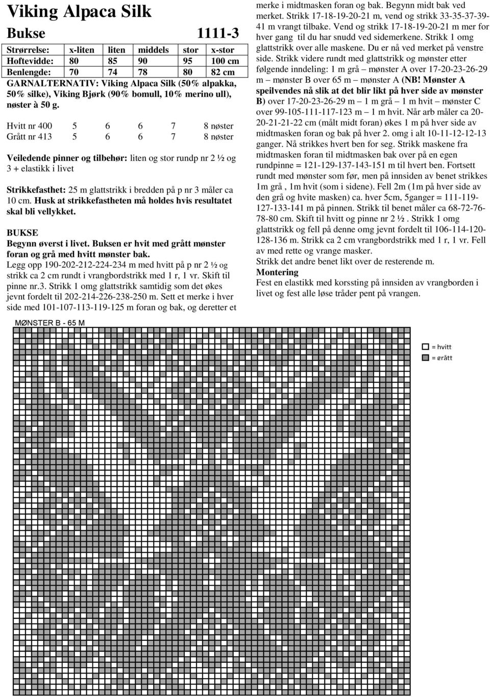 Husk at strikkefastheten må holdes his resultatet skal bli ellykket. Begynn øerst i liet. Buksen er hit med grått mønster foran og grå med hitt mønster bak.