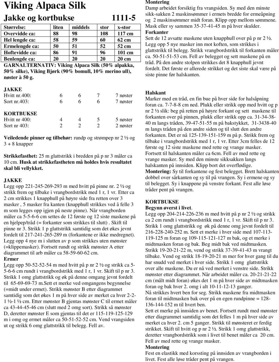 403: 6 6 6 7 nøster KORT Hitt nr 400: 4 4 5 5 nøster Sort nr 403: 2 2 2 2 nøster Veiledende pinner og tilbehør: rundp og strømpep nr 2 ½ og 3 + 8 knapper Strikkefasthet: 25 m glattstrikk i bredden på