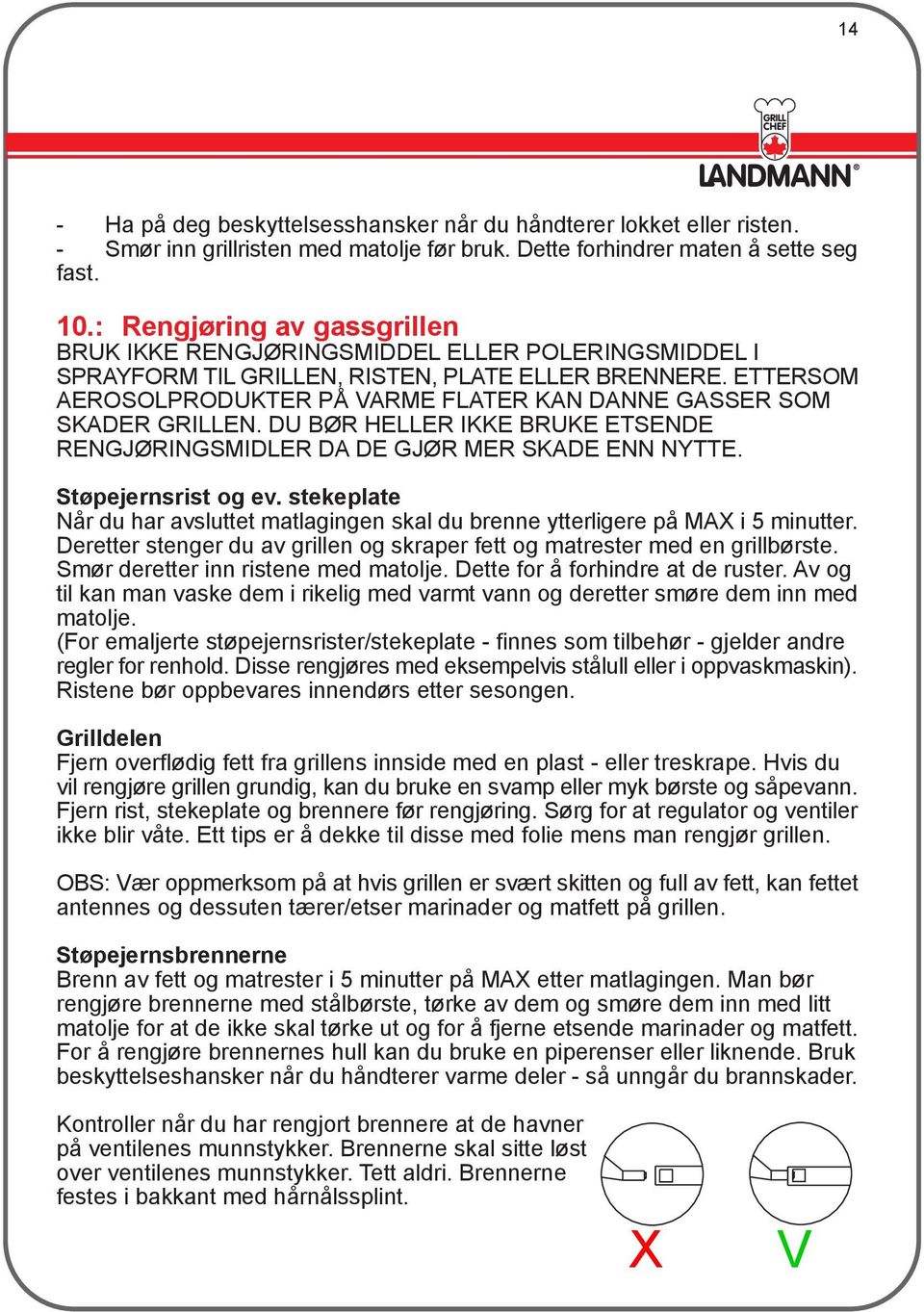 ETTERSOM AEROSOLPRODUKTER PÅ VARME FLATER KAN DANNE GASSER SOM SKADER GRILLEN. DU BØR HELLER IKKE BRUKE ETSENDE RENGJØRINGSMIDLER DA DE GJØR MER SKADE ENN NYTTE. Støpejernsrist og ev.