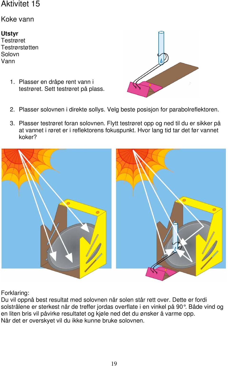 Hvor lang tid tar det før vannet koker? Forklaring: Du vil oppnå best resultat med solovnen når solen står rett over.