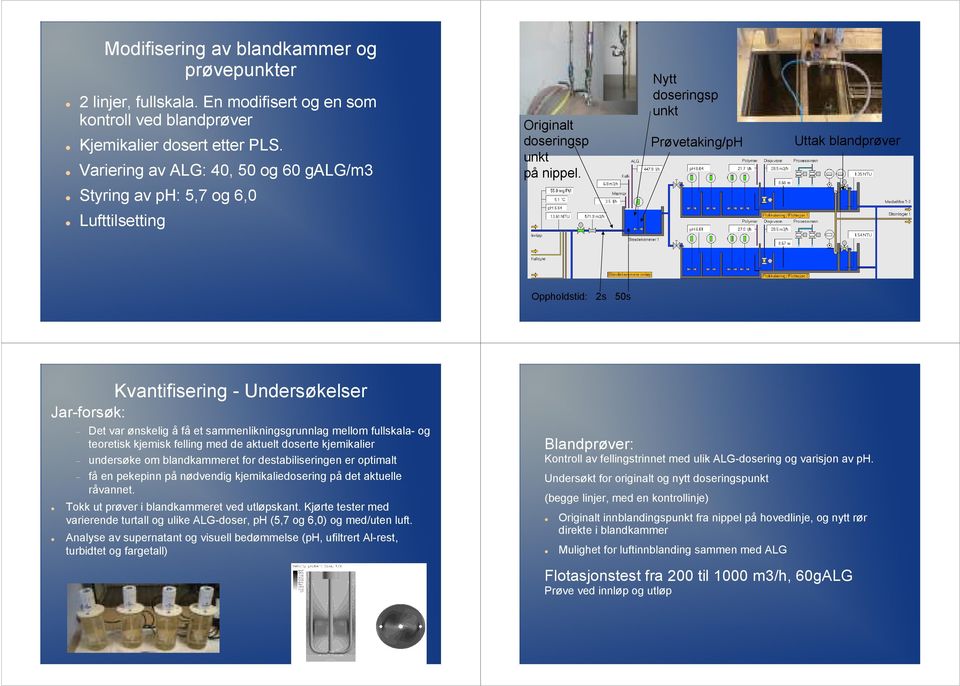 Nytt doseringsp unkt Prøvetaking/pH Uttak blandprøver Lufttilsetting Oppholdstid: 2s 50s Jar-forsøk: Kvantifisering - Undersøkelser Det var ønskelig å få et sammenlikningsgrunnlag mellom fullskala-