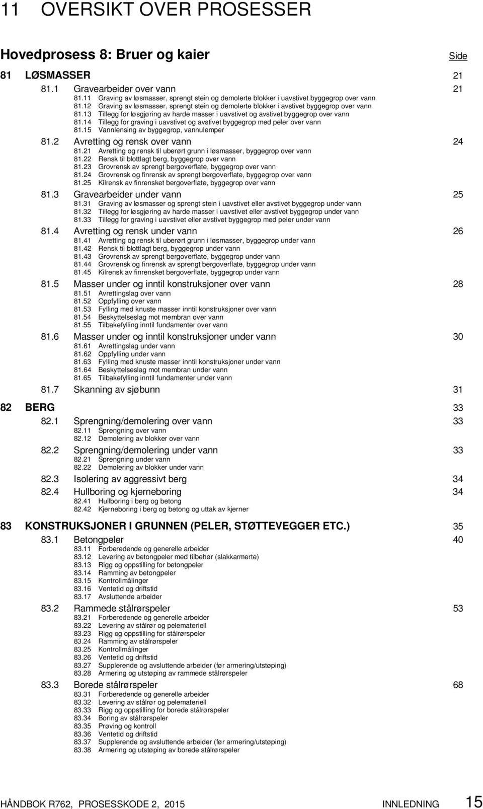 13 Tillegg for løsgjøring av harde masser i uavstivet og avstivet byggegrop over vann 81.14 Tillegg for graving i uavstivet og avstivet byggegrop med peler over vann 81.