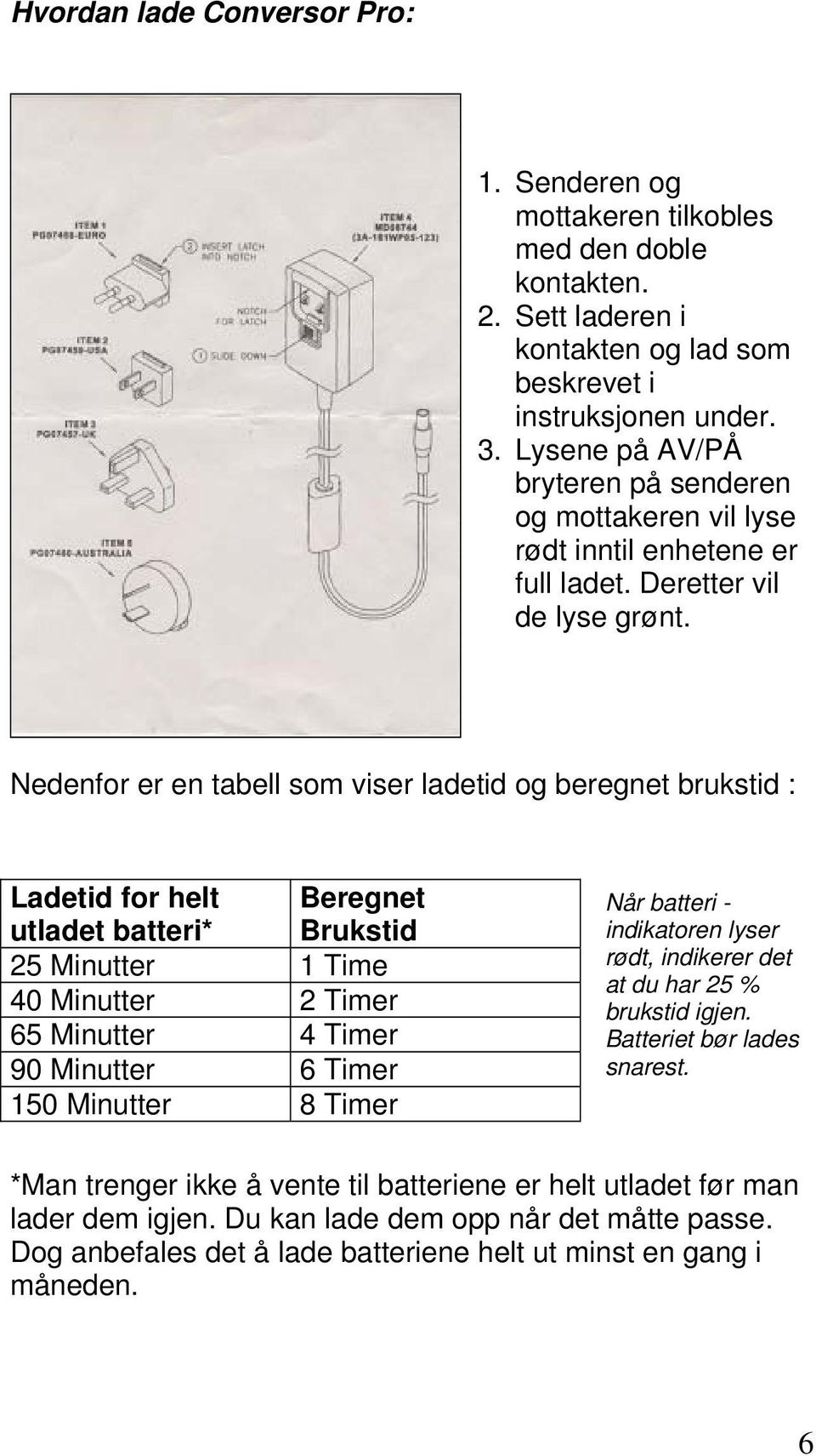 Nedenfor er en tabell som viser ladetid og beregnet brukstid : Ladetid for helt utladet batteri* Beregnet Brukstid 25 Minutter 1 Time 40 Minutter 2 Timer 65 Minutter 4 Timer 90 Minutter 6 Timer 150