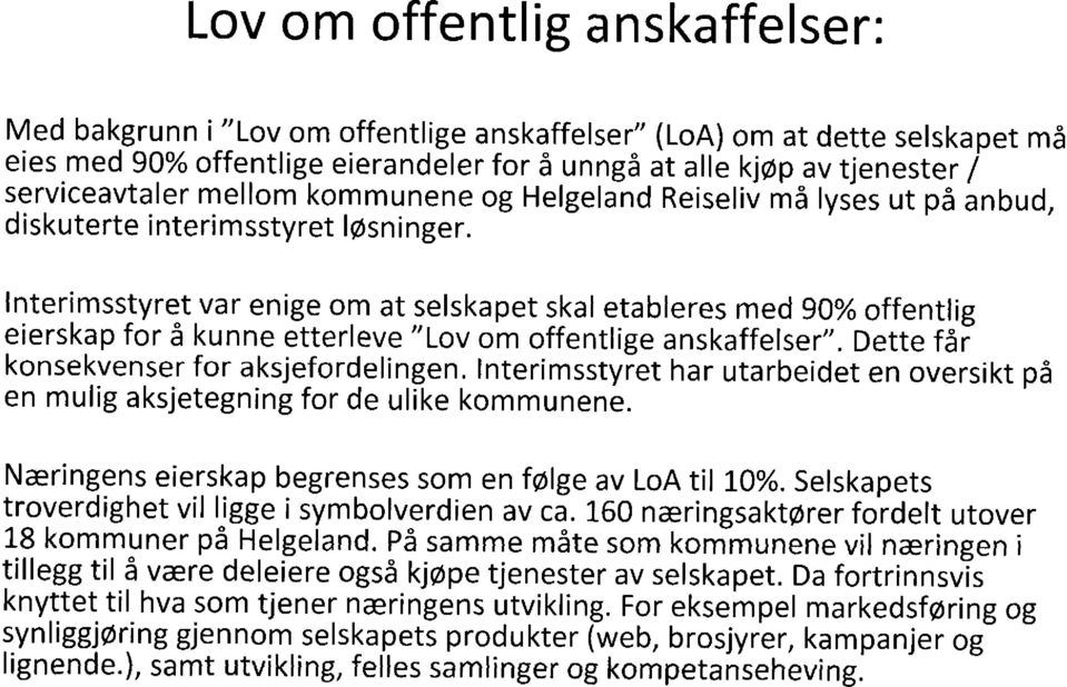 Interimsstyret var enige om at selskapet skal etableres med 90% offentlig eierskap for å kunne etterleve "Lov om offentlige anskaffelser". Dette får konsekvenser for aksjefordelingen.