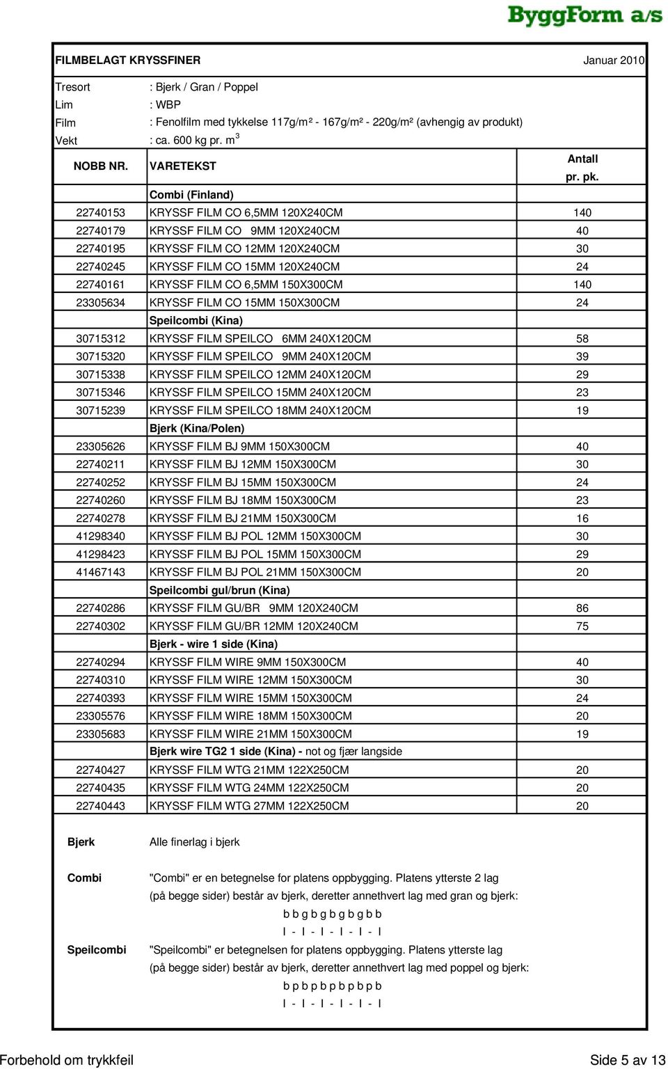 KRYSSF FILM CO 6,5MM 150X300CM 140 23305634 KRYSSF FILM CO 15MM 150X300CM 24 Speilcombi (Kina) 30715312 KRYSSF FILM SPEILCO 6MM 240X120CM 58 30715320 KRYSSF FILM SPEILCO 9MM 240X120CM 39 30715338