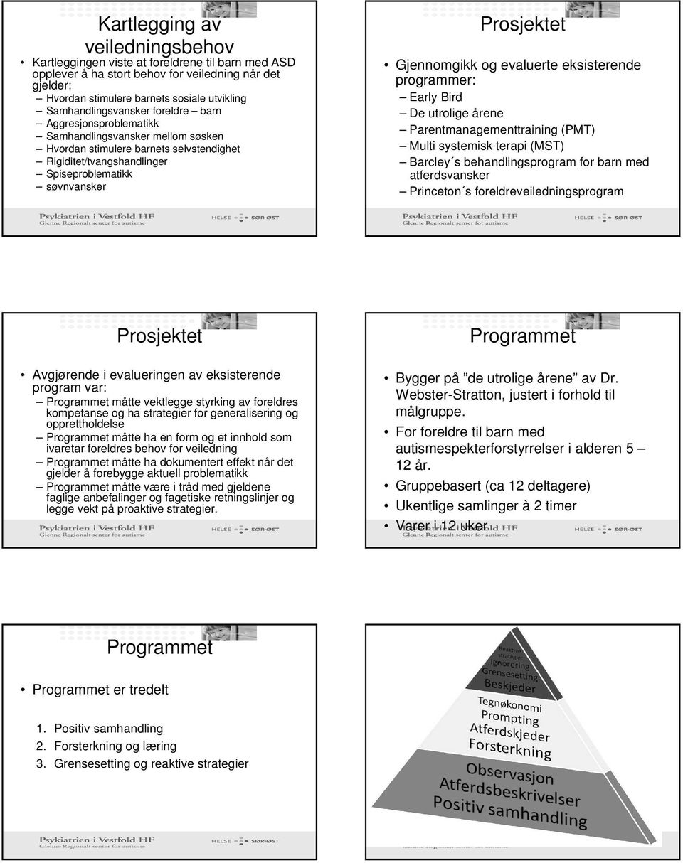 Gjennomgikk og evaluerte eksisterende programmer: Early Bird De utrolige årene Parentmanagementtraining (PMT) Multi systemisk terapi (MST) Barcley s behandlingsprogram for barn med atferdsvansker