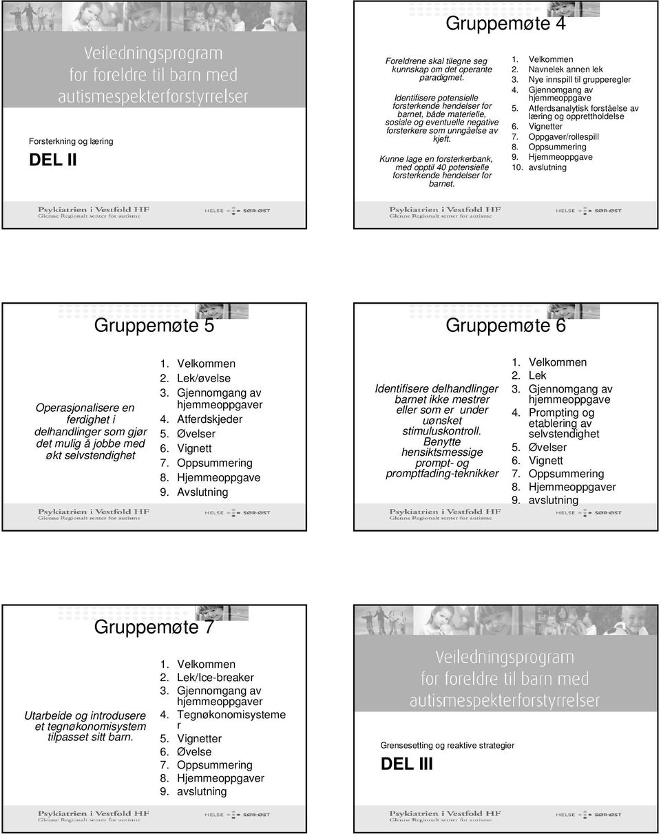 Kunne lage en forsterkerbank, med opptil 40 potensielle forsterkende hendelser for barnet. 2. Navnelek annen lek 3. Nye innspill til grupperegler 4. Gjennomgang av hjemmeoppgave 5.