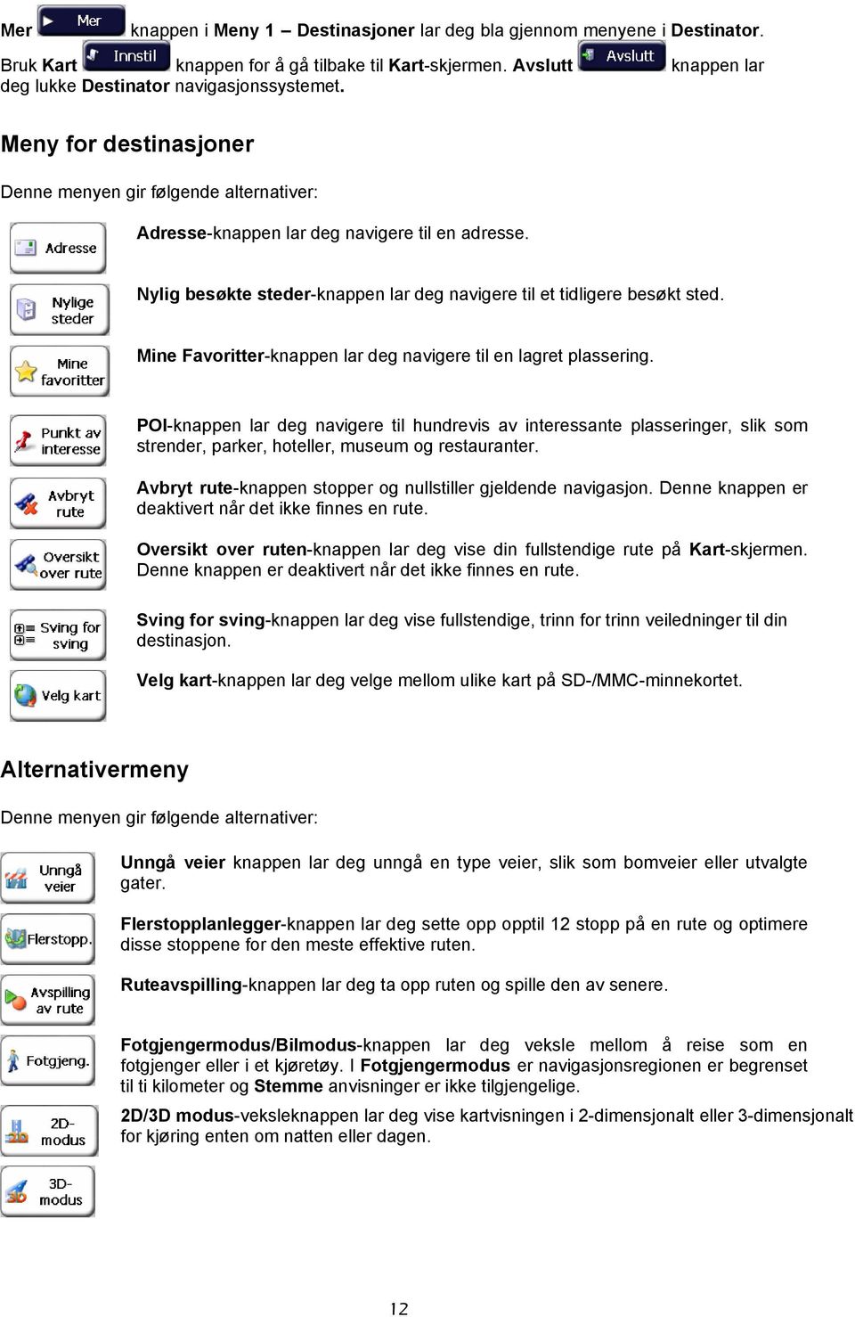 Mine Favoritter-knappen lar deg navigere til en lagret plassering. POI-knappen lar deg navigere til hundrevis av interessante plasseringer, slik som strender, parker, hoteller, museum og restauranter.