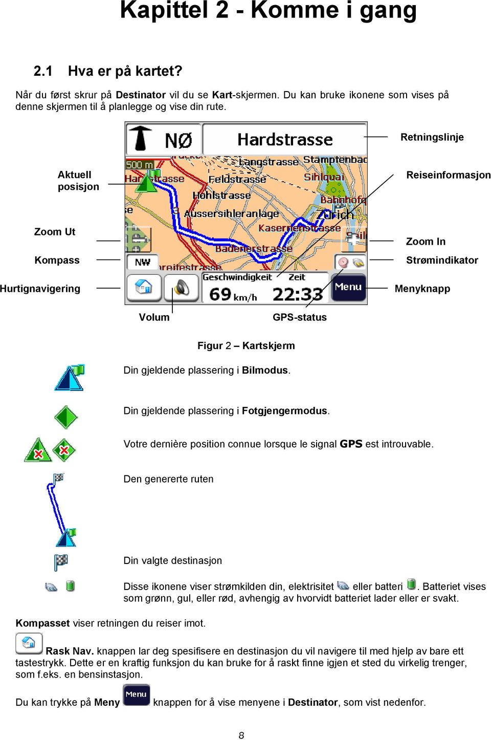 Din gjeldende plassering i Fotgjengermodus. Votre dernière position connue lorsque le signal GPS est introuvable. Den genererte ruten Din valgte destinasjon Kompasset viser retningen du reiser imot.