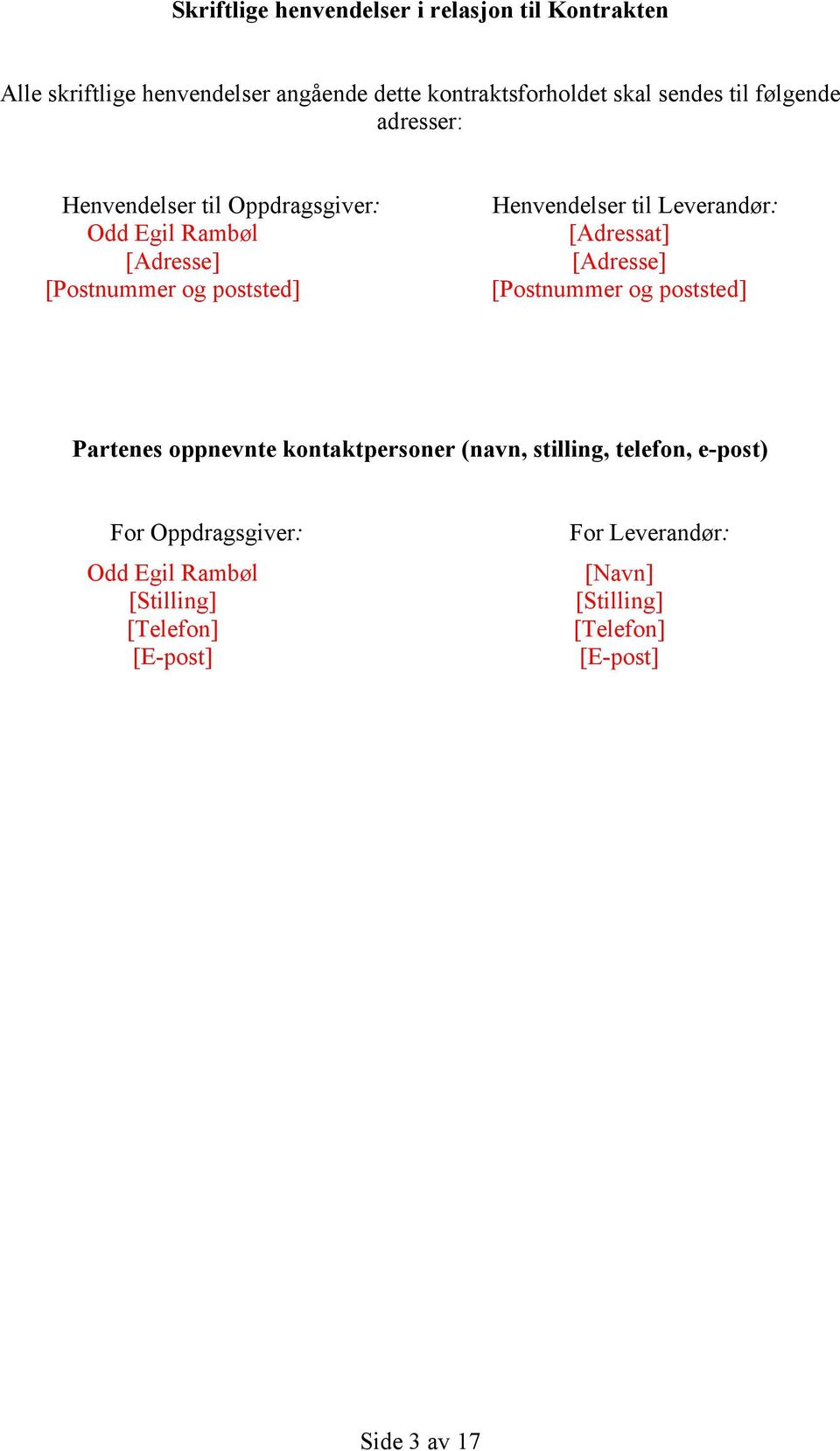 Leverandør: [Adressat] [Adresse] [Postnummer og poststed] Partenes oppnevnte kontaktpersoner (navn, stilling, telefon, e-post)