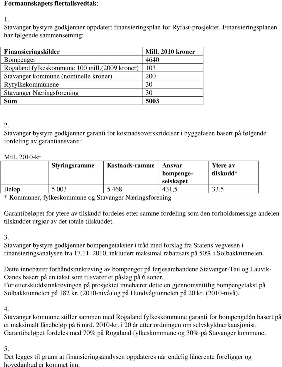 Stavanger bystyre godkjenner garanti for kostnadsoverskridelser i byggefasen basert på følgende fordeling av garantiansvaret: Mill.