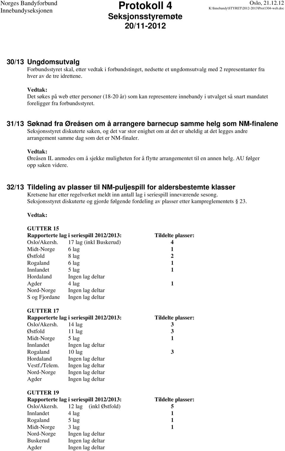 31/13 Søknad fra Øreåsen om å arrangere barnecup samme helg som NM-finalene Seksjonsstyret diskuterte saken, og det var stor enighet om at det er uheldig at det legges andre arrangement samme dag som