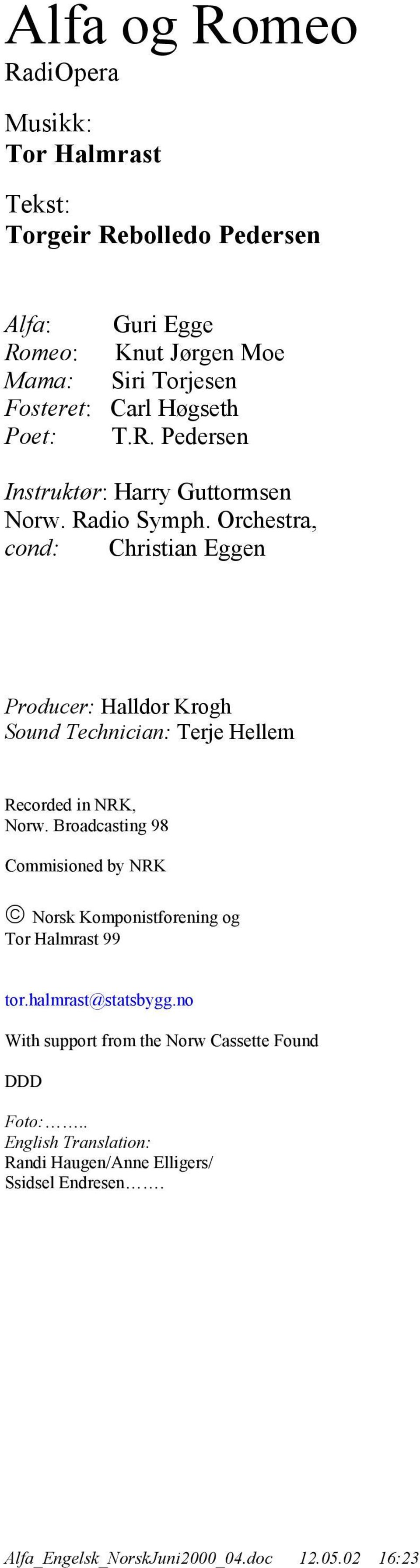 Orchestra, cond: Christian Eggen Producer: Halldor Krogh Sound Technician: Terje Hellem Recorded in NRK, Norw.