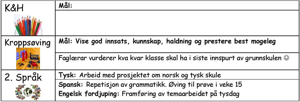 2. Språk Tysk: Arbeid med prosjektet om norsk og tysk skule Spansk: Repetisjon av