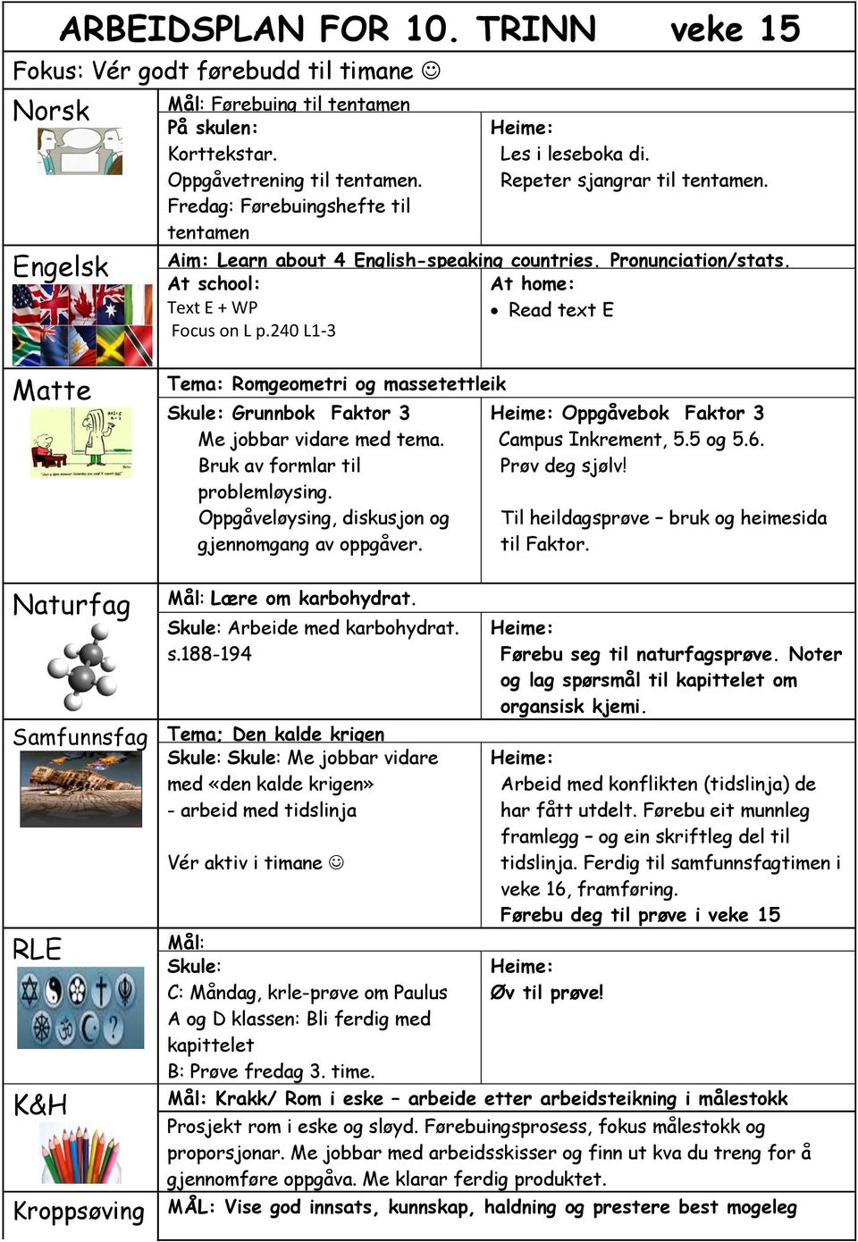 At school: At home: Text E + WP Read text E Focus on L p.240 L1-3 Matte Tema: Romgeometri og massetettleik Skule: Grunnbok Faktor 3 Me jobbar vidare med tema. Bruk av formlar til problemløysing.