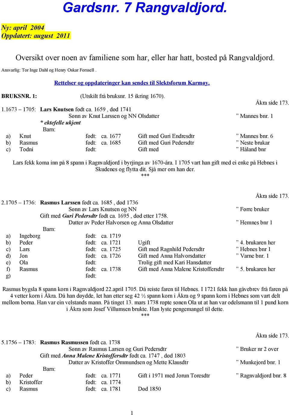 1659, død 1741 Sønn av Knut Larssen og NN Olsdatter Mannes bnr. 1 * ektefelle ukjent a) Knut født: ca. 1677 Gift med Guri Endresdtr Mannes bnr. 6 b) Rasmus født: ca.