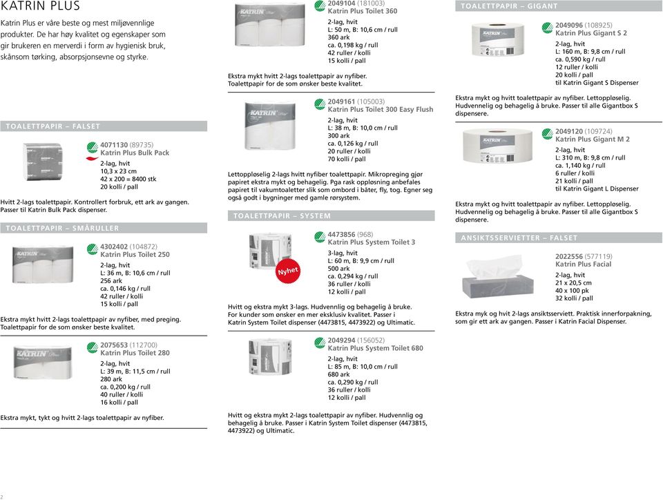 TOALETTPAPIR FALSET 4071130 (89735) Katrin Plus Bulk Pack 10,3 x 23 cm 42 x 200 = 8400 stk Hvitt 2-lags toalettpapir. Kontrollert forbruk, ett ark av gangen. Passer til Katrin Bulk Pack dispenser.