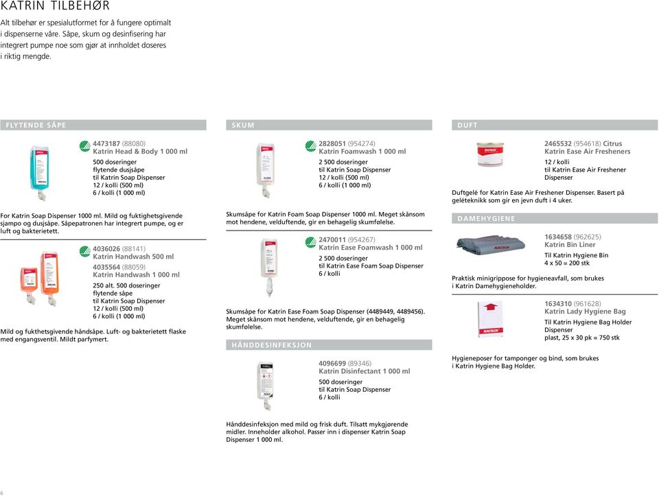 ml. Mild og fuktighetsgivende sjampo og dusjsåpe. Såpepatronen har integrert pumpe, og er luft og bakterietett. 4036026 (88141) Katrin Handwash 500 ml 4035564 (88059) Katrin Handwash 1 000 ml 250 alt.