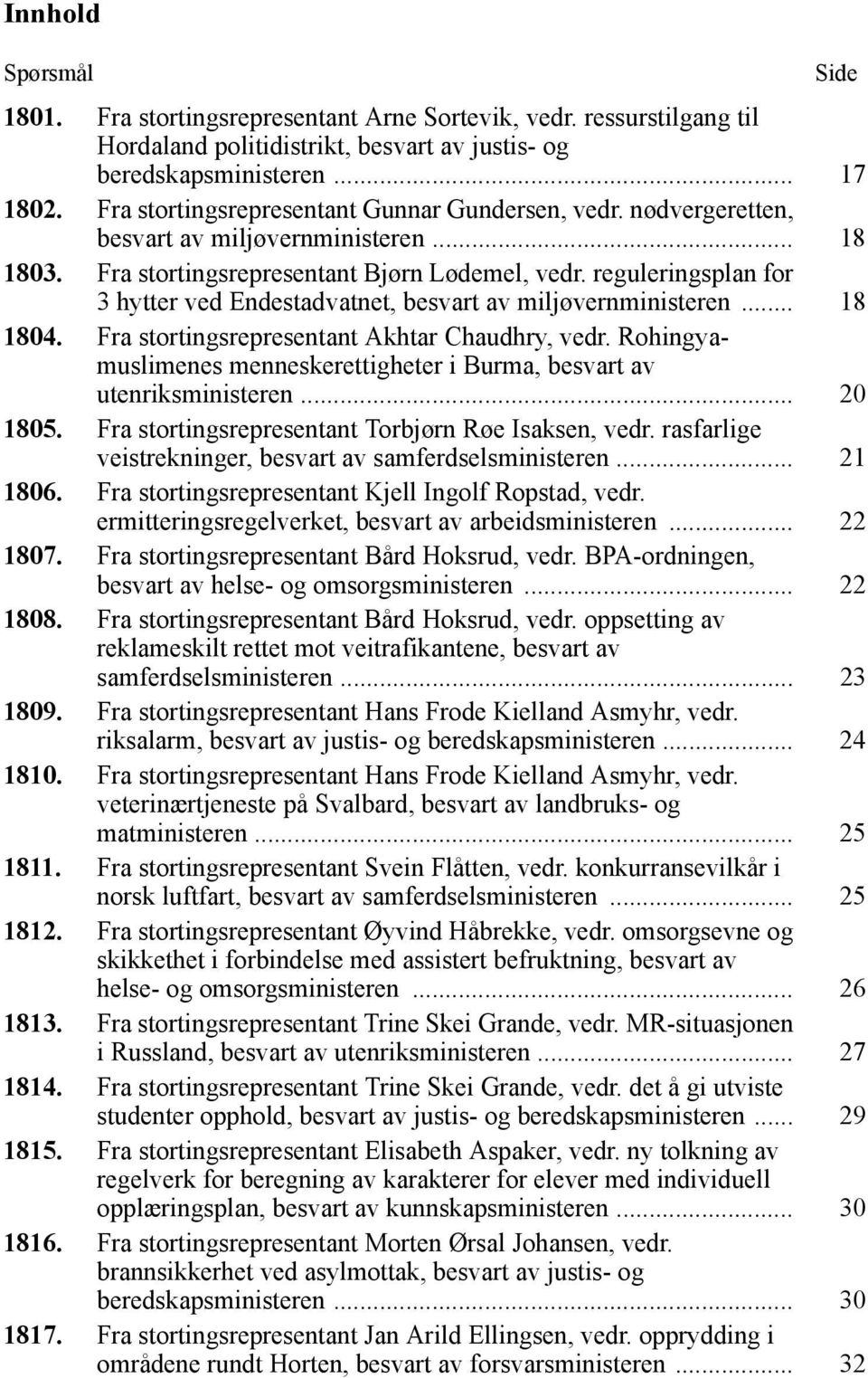 reguleringsplan for 3 hytter ved Endestadvatnet, besvart av miljøvernministeren... 18 1804. Fra stortingsrepresentant Akhtar Chaudhry, vedr.