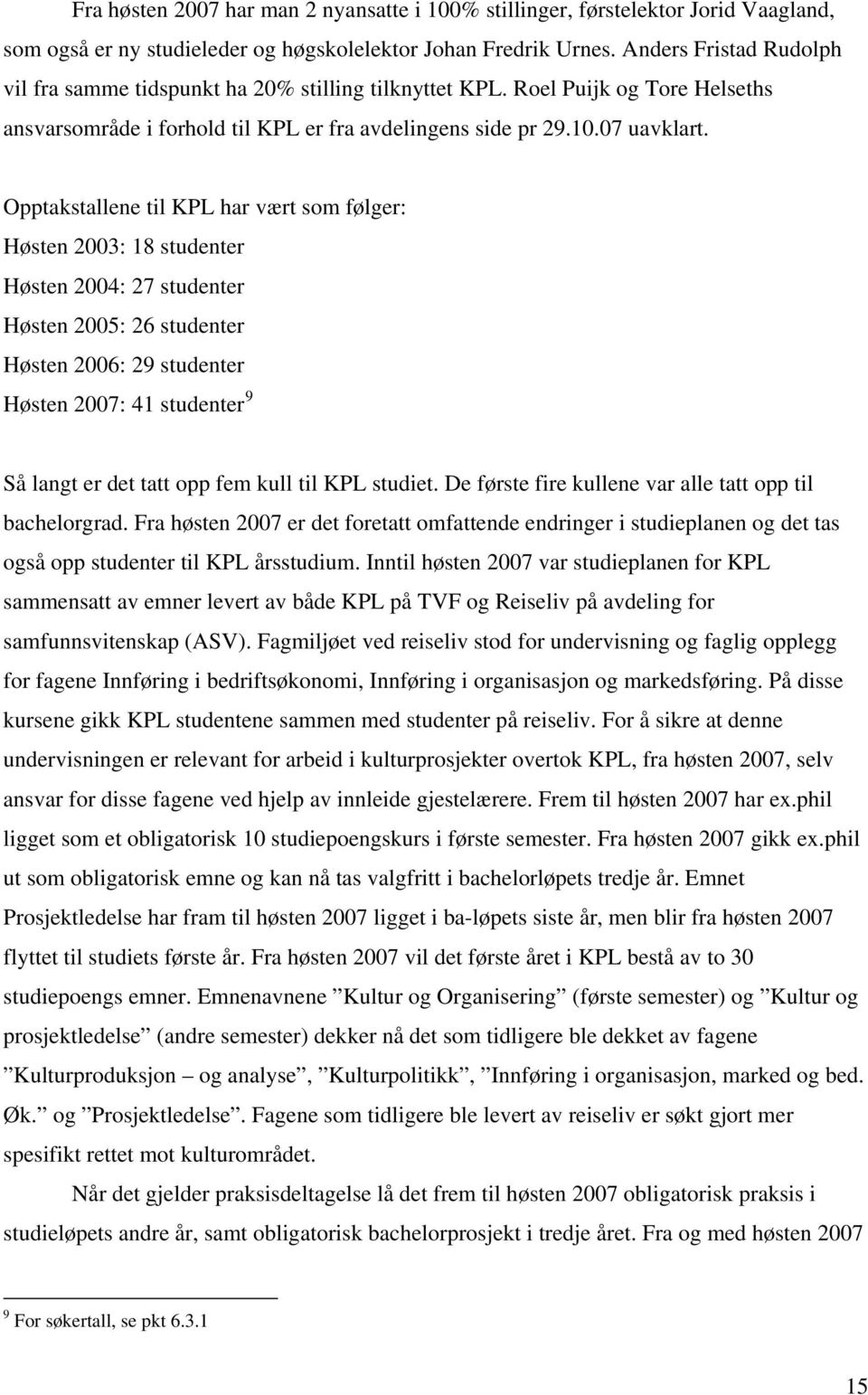 Opptakstallene til KPL har vært som følger: Høsten 2003: 18 studenter Høsten 2004: 27 studenter Høsten 2005: 26 studenter Høsten 2006: 29 studenter Høsten 2007: 41 studenter 9 Så langt er det tatt