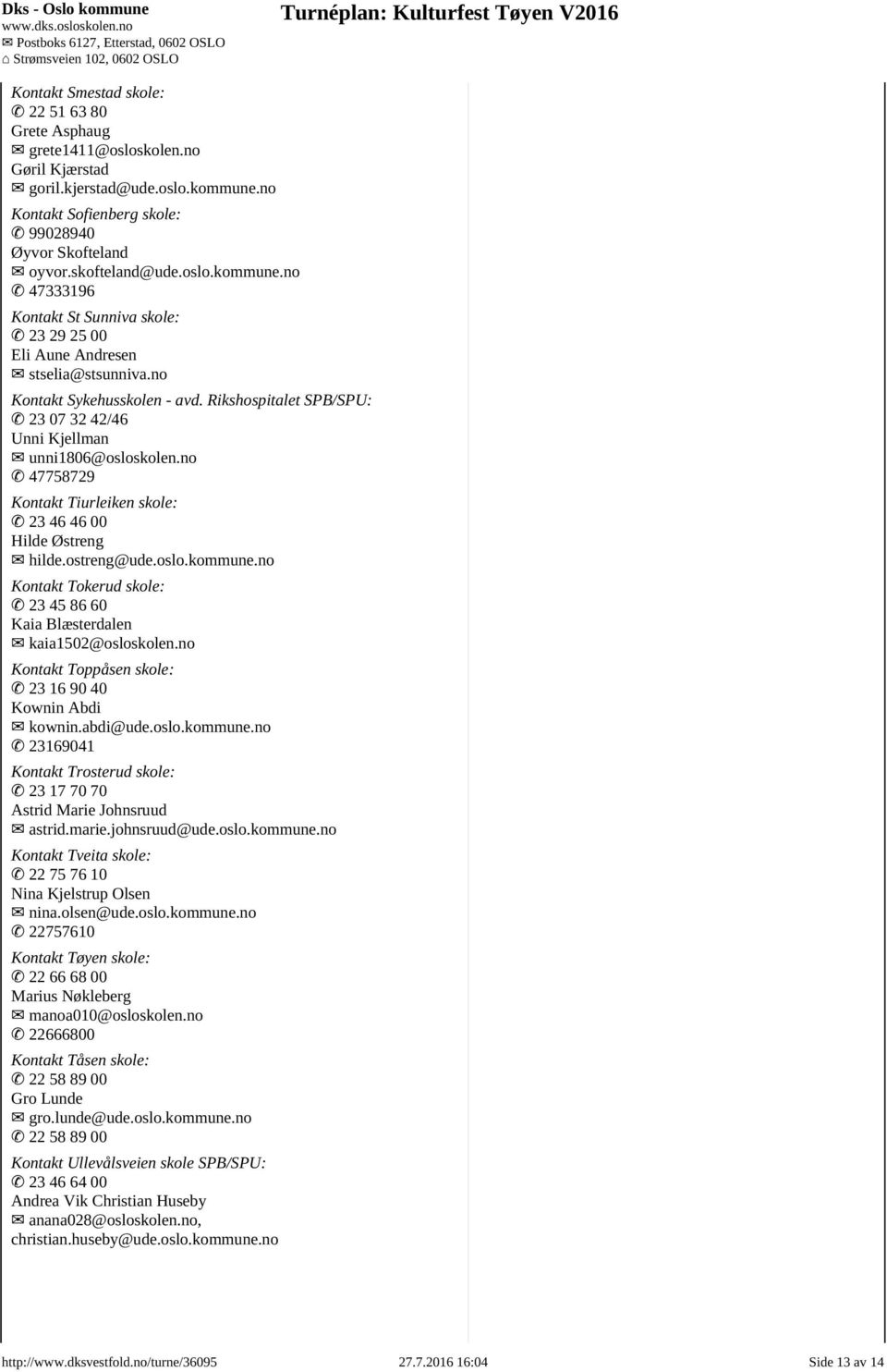 Rikshospitalet SPB/SPU: 23 07 32 42/46 Unni Kjellman unni1806@osloskolen.no 47758729 Kontakt Tiurleiken skole: 23 46 46 00 Hilde Østreng hilde.ostreng@ude.oslo.kommune.