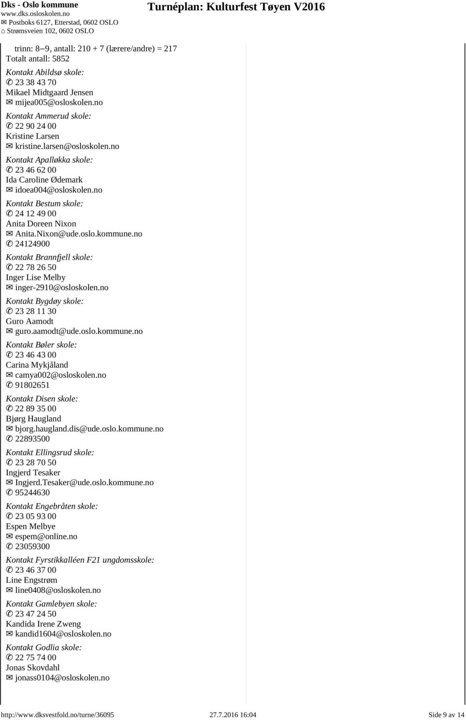 no Kontakt Bestum skole: 24 12 49 00 Anita Doreen Nixon Anita.Nixon@ude.oslo.kommune.no 24124900 Kontakt Brannfjell skole: 22 78 26 50 Inger Lise Melby inger-2910@osloskolen.