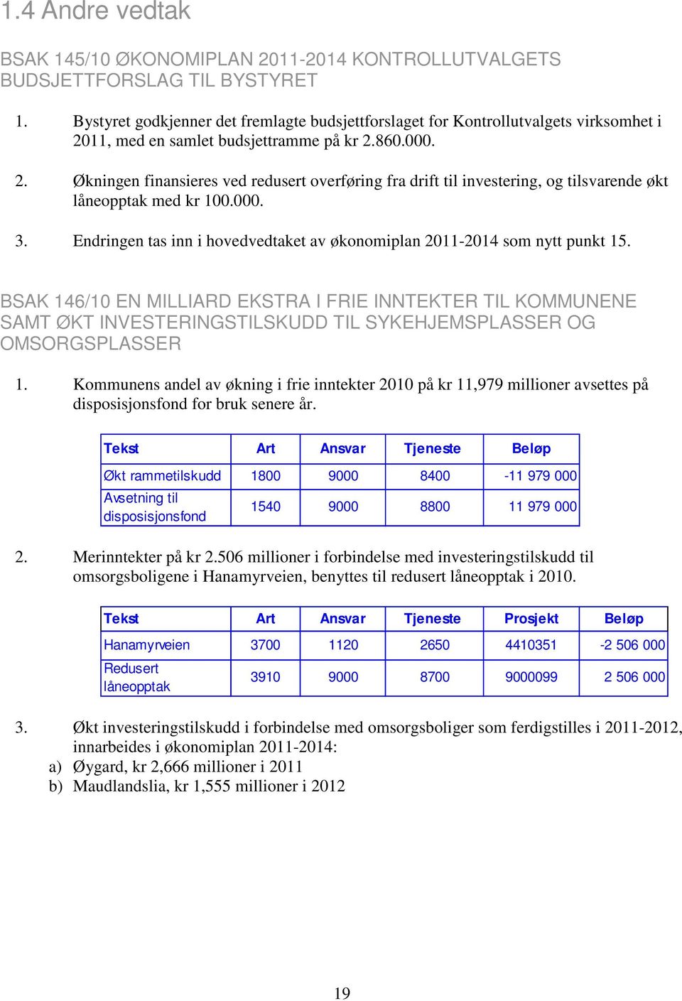 11, med en samlet budsjettramme på kr 2.860.000. 2. Økningen finansieres ved redusert overføring fra drift til investering, og tilsvarende økt låneopptak med kr 100.000. 3.