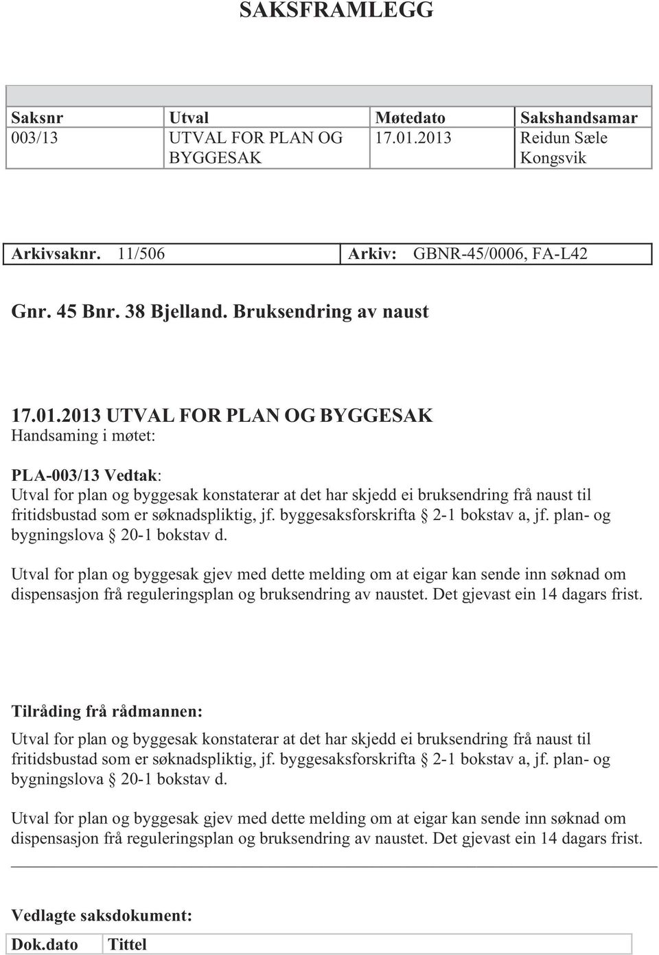 2013 UTVAL FOR PLAN OG BYGGESAK Handsaming i møtet: PLA-003/13 Vedtak: Utval for plan og byggesak konstaterar at det har skjedd ei bruksendring frå naust til fritidsbustad som er søknadspliktig, jf.