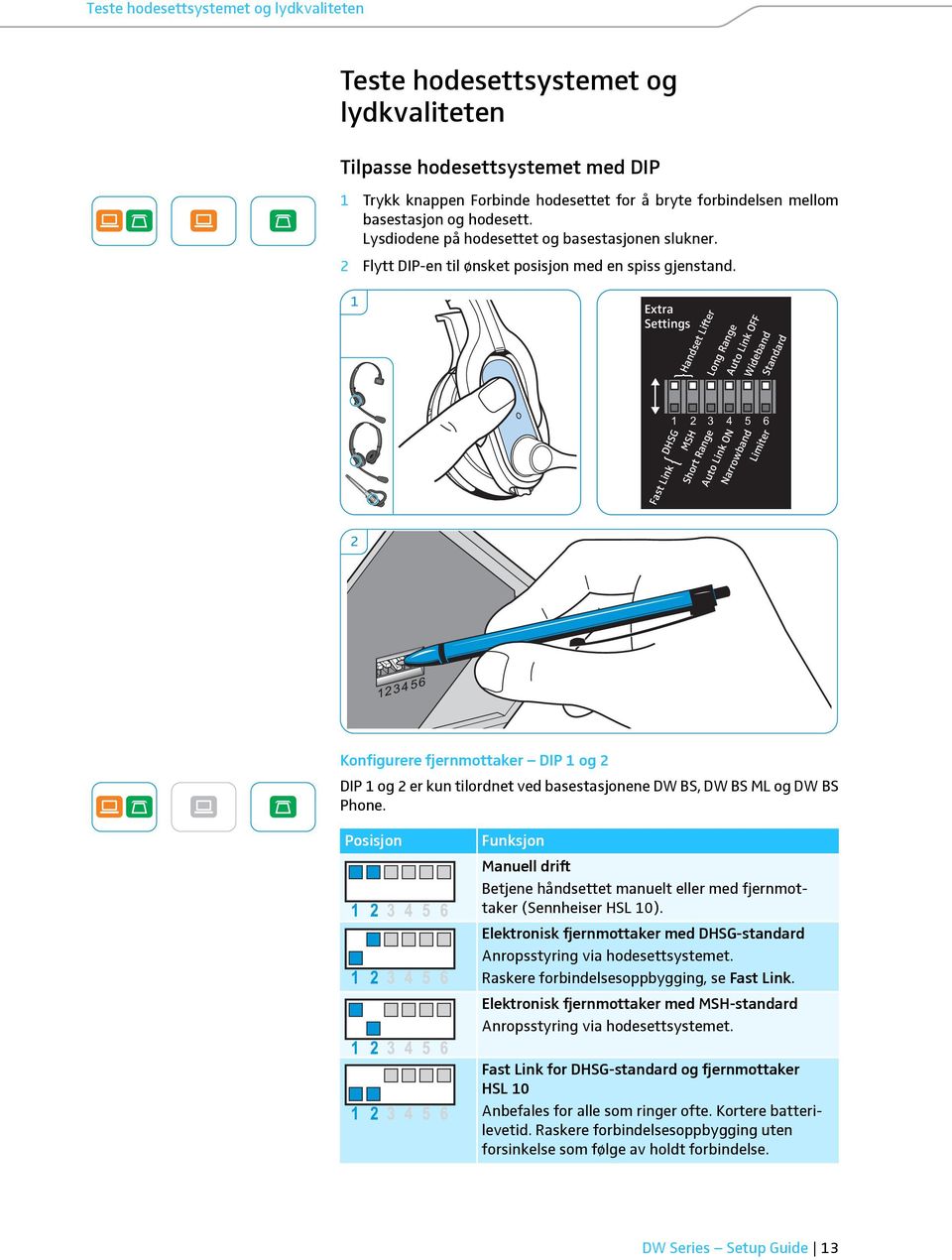 1 Extra Settings Handset Lifter Long Range Auto Link OFF Wideband Standard DHSG Fast Link MSH Short Range Auto Link ON Narrowband Limiter 1 2 3 4 5 6 2 Konfigurere fjernmottaker DIP 1 og 2 DIP 1 og 2