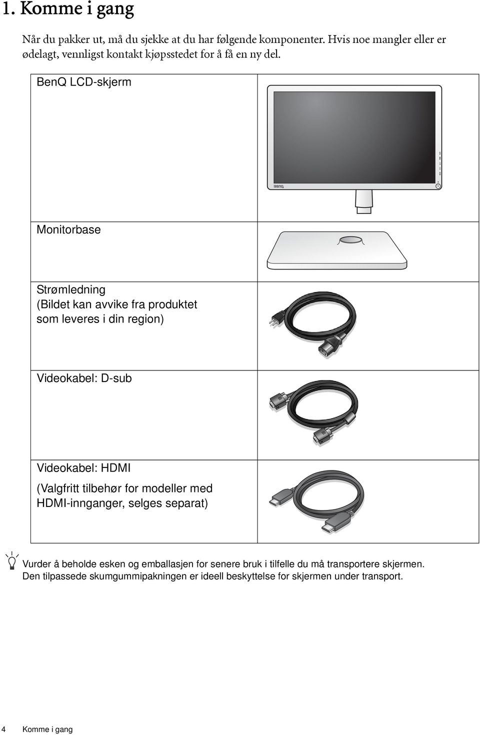 BenQ LCD-skjerm Monitorbase Strømledning (Bildet kan avvike fra produktet som leveres i din region) Videokabel: D-sub Videokabel: HDMI