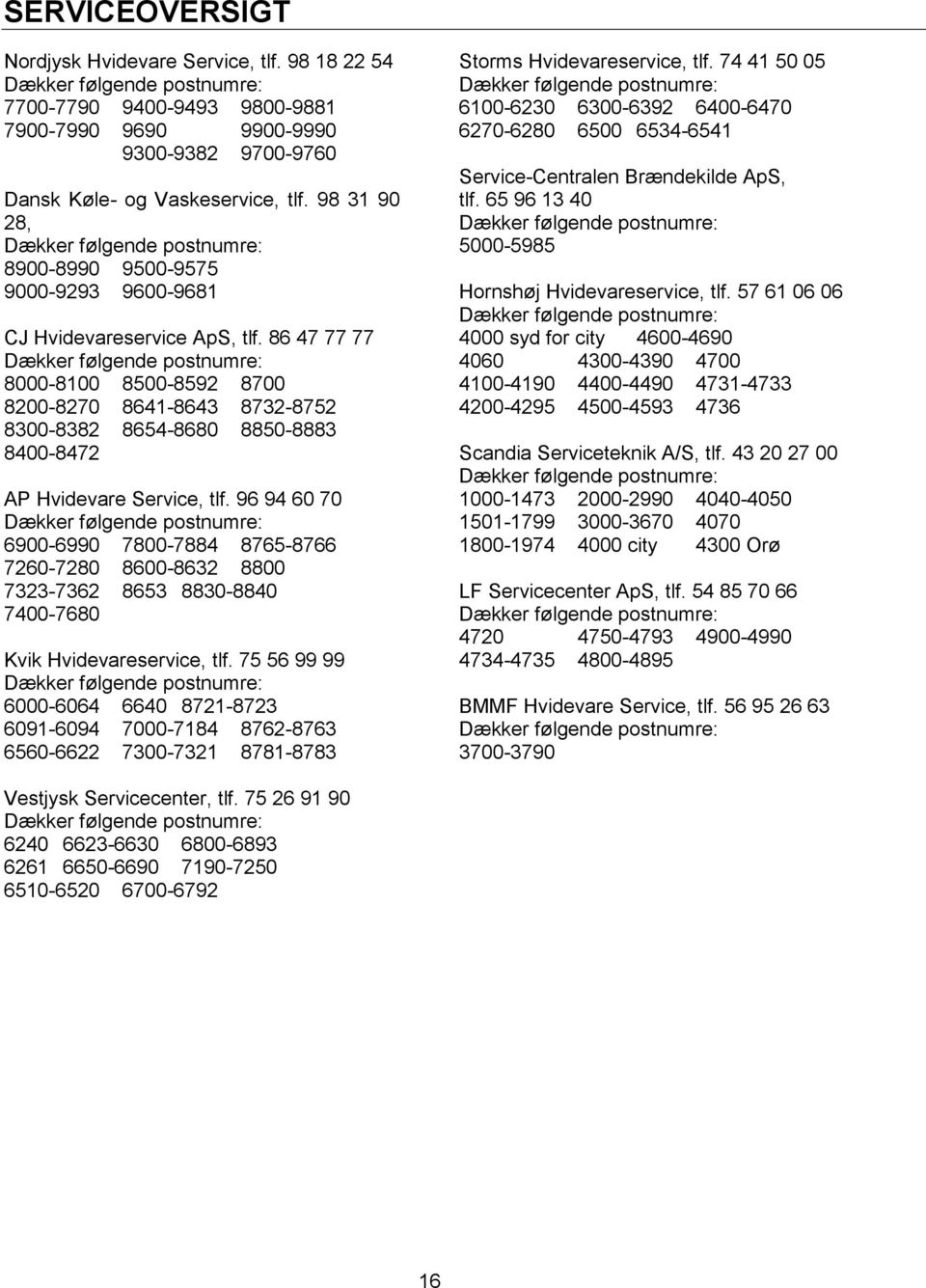 86 47 77 77 Dækker følgende postnumre: 8000-8100 8500-8592 8700 8200-8270 8641-8643 8732-8752 8300-8382 8654-8680 8850-8883 8400-8472 AP Hvidevare Service, tlf.